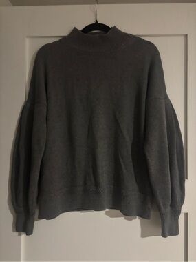 Cable Stitch Women's Grey Mock Neck Sweater with Balloon Sleeves - S